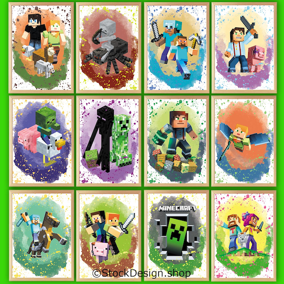 12 Printable posters: Minecraft-Themed characters Prints Wall Decor Cartoon Poster