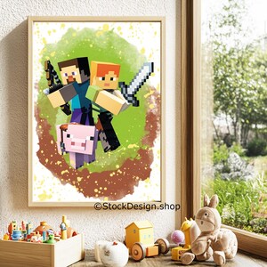 May include: A framed print featuring pixelated characters from a video game. Two figures, one with a sword and the other with a bow, stand together. A pink pig is in the foreground. The background has green and brown paint splatters.
