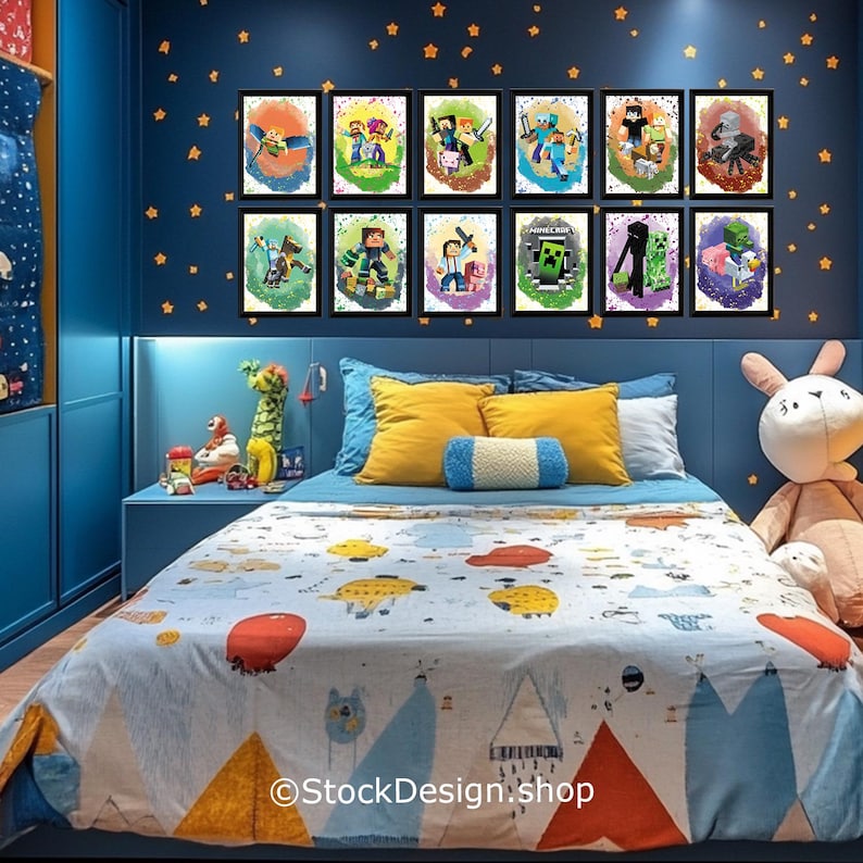 May include: A child's bedroom with a blue color scheme, featuring a bed with a patterned comforter and pillows. Above the bed, there are framed Minecraft artwork prints. The walls are decorated with star-shaped stickers. A large stuffed bunny sits on the bed.