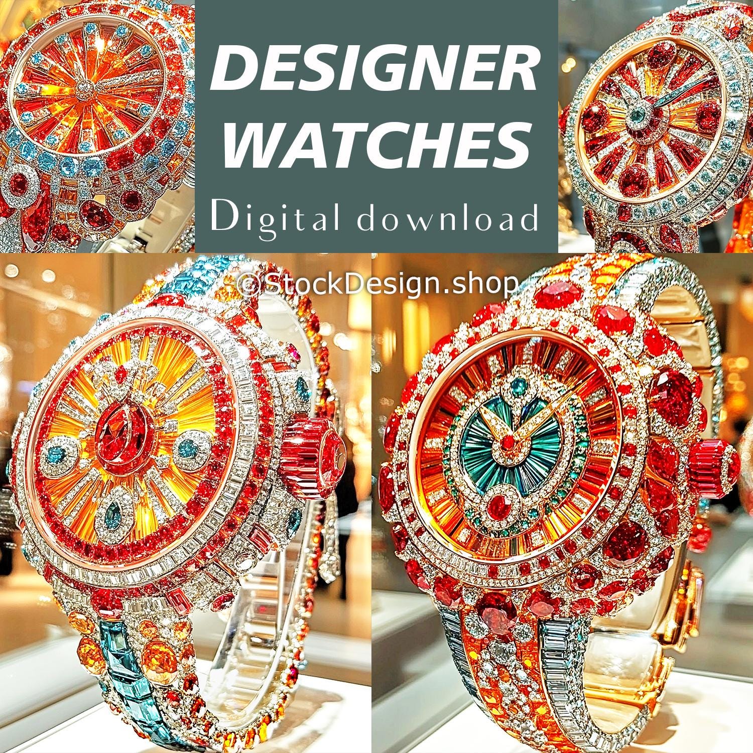 Konzeptkunst Luxus Wanddekoration Mode Armbanduhr Sofort Download Set von 4 hochauflösende digitale JPG für den Druck Designer Uhren