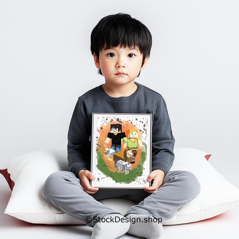 May include: A framed print featuring pixelated characters from the Minecraft video game. The artwork depicts two figures, a black-clad character and a green-shirted character, with sheep and other elements. The print is held by a child.