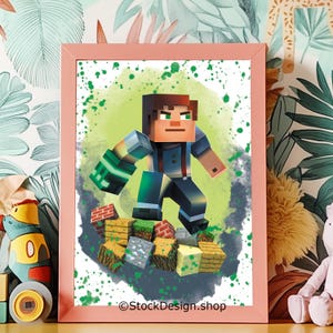 May include: A framed print featuring a pixelated character from a video game, standing on blocks. The character is wearing blue overalls and green gloves, set against a green and gray splatter background. The frame is pink, and the text "StockDesign.shop" is visible.