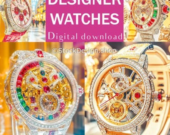 Fashion Wall art Luxury wristwatch Set of 4 high resolution digital JPG files Concept art Instant Download for printing Designer watches