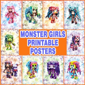 10 Minecraft-Themed monster girls Printable files Minecrafter monsters character Pixel Art Prints Wall Decor Kids Rooms Gaming Space Cartoon