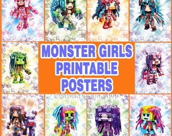 Minecraft-Themed Monster Girls Art Prints, Kids Room Decor (PDF)