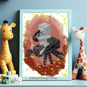 May include: A framed print featuring a pixelated skeleton riding a pixelated spider, set against a red and yellow splattered background. The artwork is in a light blue frame. The text "&copy;StockDesign.shop" is visible at the bottom. Two giraffe figurines flank the framed print.