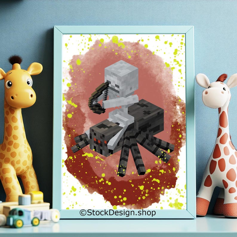 May include: A framed print featuring a pixelated skeleton riding a pixelated spider, set against a red and yellow splattered background. The artwork is in a light blue frame. The text "&copy;StockDesign.shop" is visible at the bottom. Two giraffe figurines flank the framed print.