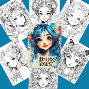 Coloring book Happy fairy 50 Printable files instant download fantasy fairy Coloring pages PDF file digital prints Coloring page for adults