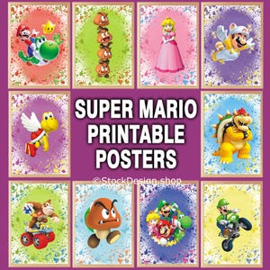 Super Mario II Printable Aquarell Poster Set von 10 Digitaldrucke Wandkunst Kinderzimmer Dekor Kinderzimmer Poster Cartoon Bunte Kunstwerke Mario
