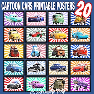 Set of 20 cartoon cars printable poster, Cars Wall Art, Cars, Print Car Posters, Boys Room Cars, Wall Decor, Boys Room Decor, car Pictures