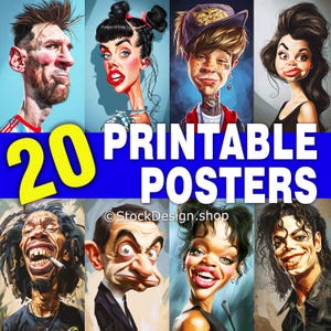 Caricaturas de celebridades, pôsteres para impressão, conjunto de 20 impressões digitais, arte de parede, decoração de parede, pôster, pintura, imagem de alta qualidade para impressão