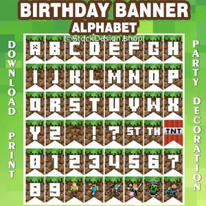 Pancarta de cumpleaños con el alfabeto, decoraciones para fiestas de Minecrafter, pancartas de feliz cumpleaños de Minecrafter, solo archivo digital imprimible