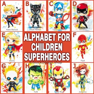 Niedliche Superhelden Alphabet Сards für Kinder ABC Poster druckbares Alphabet Poster Digitaldrucke Superhelden Wandkunst Superhelden Alphabet Druck
