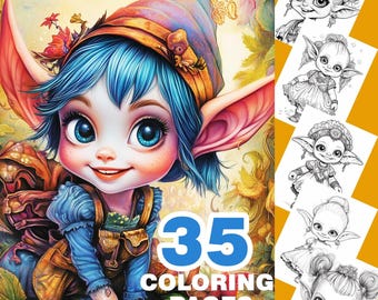 35 Malvorlagen Niedliche Goblin Mädchen Printable PDF zum sofortigen Download Goblin Malbuch Kinder Digitaldrucke Malseite für Erwachsene