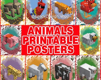 10 Minecraft-Themed friendly animals Printable files: Wall Decor for Kids Room