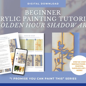 Op de afbeelding: Een digitale download voor een acrylverf-tutorial voor beginners genaamd Golden Hour Shadow Art. Het document bevat stapsgewijze instructies, een benodigdhedenlijst, kleurmenggidsen en een voorbeeld van een voltooid schilderij met blauwe schaduwen.