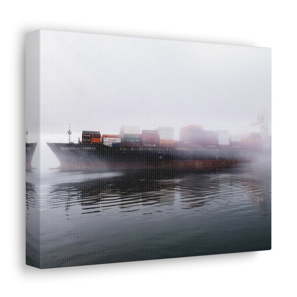 Cargo Ship Through the Fog Canvas Gallery Wraps International Cargo Ship Poster Art Canvas Print Nautical Vessel Canvas Print Wall Art Print