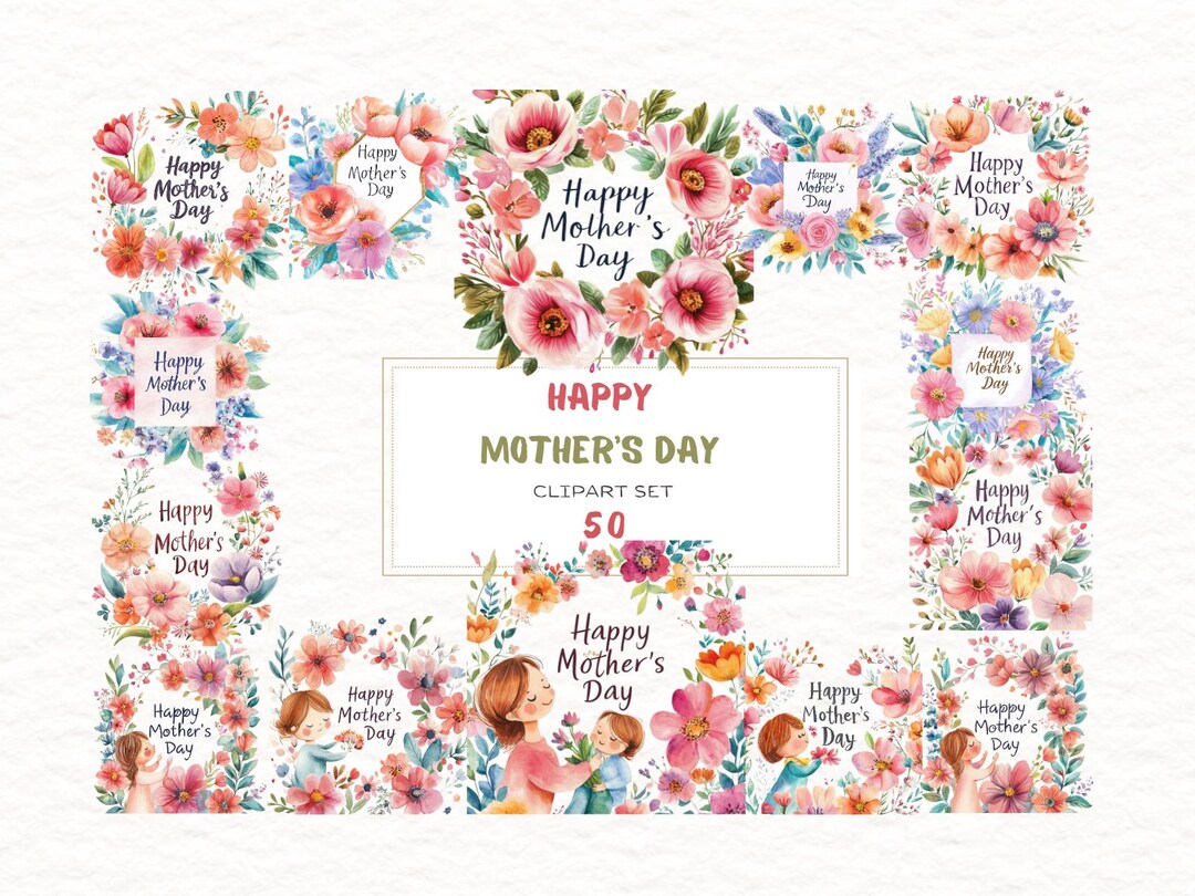 50 Happy Mothers Day Watercolor Clipart Designs for Personal Commercial ...