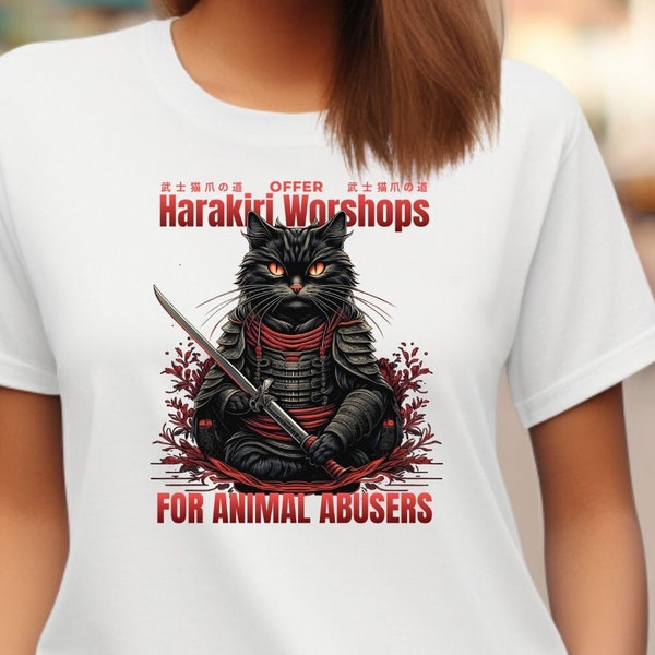 Offer Harakiri Workshops for Animal Abusers - schwarze Katze Kater Animal Rights Vegan Manga Samurai Schwert Japan Korea kawaii kanji
