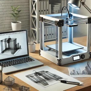 Könnte beinhalten: Ein weißer 3D-Drucker mit einem transparenten Kunststoffgehäuse, ein Laptop mit einem 3D-Modell auf dem Bildschirm und ein Blatt Papier mit einem 3D-Design.