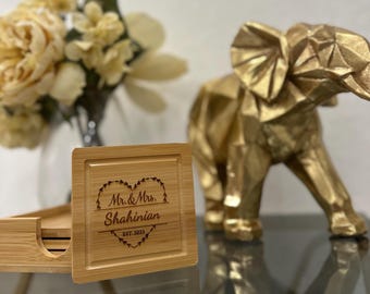 Personalized Laser-Engraved Wood Coaster Set with Holder – Custom Drink Coasters (Set of 4)