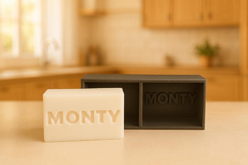 May include: A rectangular bar of white soap with the name "MONTY" carved into it, next to a dark gray soap dish with the name "MONTY" inside. The items are on a light-colored surface.