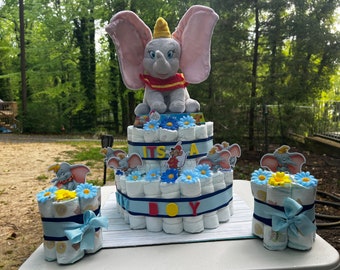 dumbo diaper cake , it’s a boy , baby shower