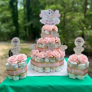 Pastel de pañales de elefante, es un pastel de pañales de niña, mini pasteles de pañales, decoración de baby shower.