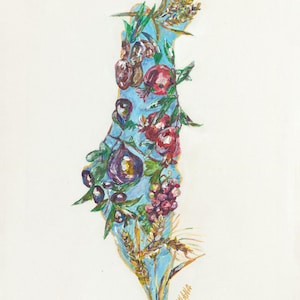 Impression artistique de la carte d'Israël, fruits colorés et illustration du pays d'abondance