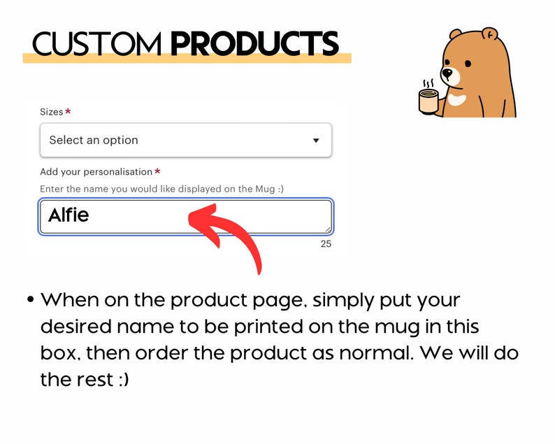 Puede incluir: Una captura de pantalla de un sitio web que muestra un formulario para personalizar una taza. El formulario solicita el nombre que se imprimir&aacute; en la taza. El texto del formulario dice "Ingrese el nombre que desea que se muestre en la taza :)" y el nombre "Alfie" se ingresa en el cuadro de texto.