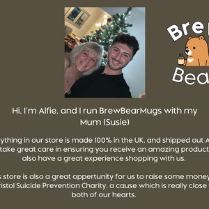May include: A graphic featuring the Brew Bear Co. logo with a cartoon bear holding a mug, a photograph of two people, and text introducing Alfie and Susie who run the store, noting their UK production and support for the Bristol Suicide Prevention Charity.