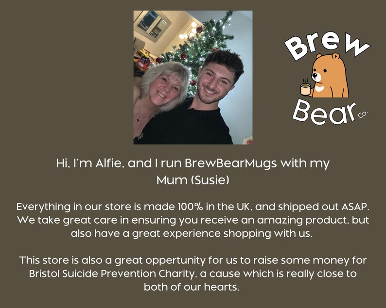 May include: A graphic featuring the Brew Bear Co. logo with a cartoon bear holding a mug, a photograph of two people, and text introducing Alfie and Susie who run the store, noting their UK production and support for the Bristol Suicide Prevention Charity.