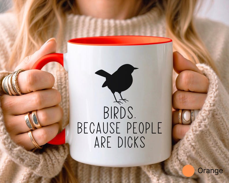 Pode incluir: Caneca de cer&acirc;mica branca com interior e al&ccedil;a vermelhos. A caneca apresenta uma silhueta preta de um p&aacute;ssaro e o texto "BIRDS. BECAUSE PEOPLE ARE DICKS" em letras pretas. Um c&iacute;rculo laranja com a palavra "Orange" est&aacute; no canto inferior direito.