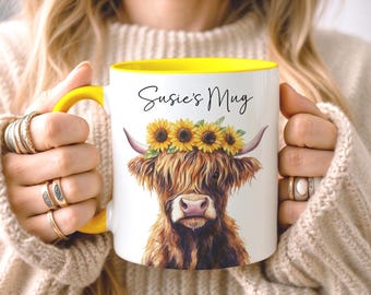 CUSTOM Highland Cow Sunflower Mug • Sunflower Gifts • Personalised Wildflower Gift • Gift for Her Sister Daughter • Birthday Gift • Floral
