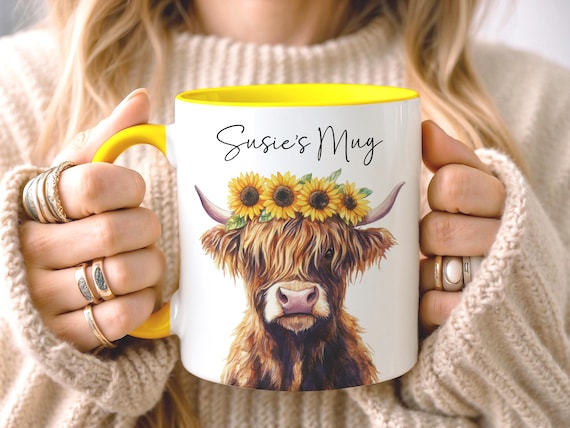 CUSTOM Highland Cow Sunflower Mug • Sunflower Gifts • Personalised Wildflower Gift • Gift for Her Sister Daughter • Birthday Gift • Floral