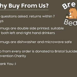 May include: A dark brown informational graphic titled Why Buy From Us? featuring a cartoon bear logo labeled Brew Bear Co. The text lists policies regarding returns, double-sided mug printing, dishwasher and microwave safety, and a charitable donation.
