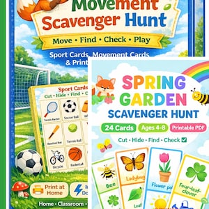 May include: Colorful educational game cards for kids. The image features "Foxy's Movement Scavenger Hunt" and "Spring Garden Scavenger Hunt" themes. Includes sports, garden, and movement cards with illustrations of a soccer ball, bicycle, and more.