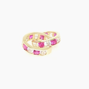 10K Yellow Gold Huggies; Small Gold Hoop Earrings, Dark Pink CZ Hoops, July Birthstone Earrings, Gemstone Hoops, Minimalist Jewelry,10x11mm