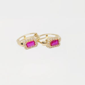 10K Yellow Gold Red Zircon Earrings; Gold Hoop Earrings, Gold Zircon Hoops, Zircon Huggies, Statement Hoops, Gem Stone Hoops, 16MM X 13MM
