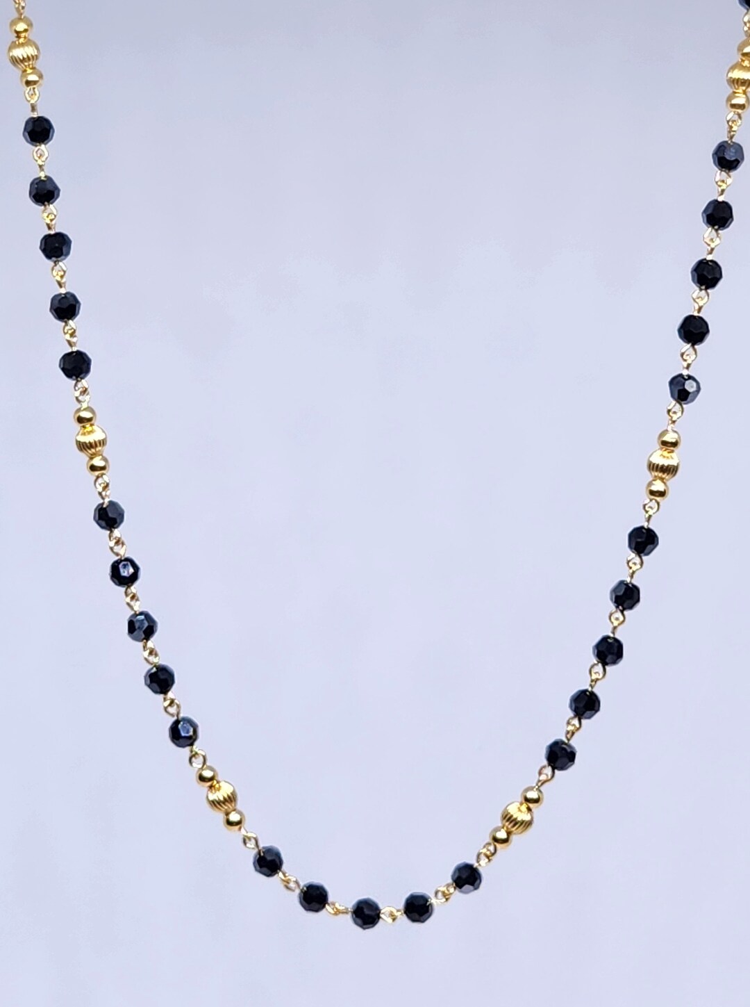 10K Real Gold Black Crystal Necklace, Black Bead and Gold Necklace