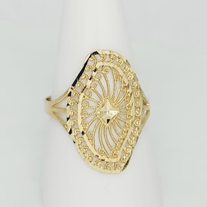 10K geelgouden filigraanring, gouden statementring, massief gouden ring, ring met ovaal patroon, langwerpige gouden ring, vrouwelijke gouden ring, cadeau voor haar