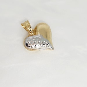 Ciondolo a forma di cuore in oro 14 carati, ciondolo a forma di cuore gonfio in oro, cuore con taglio a diamante in oro, cuore 3D, cuore in oro vero, ciondolo a forma di cuore bicolore, 15 mm x 13 mm