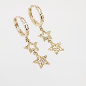10K Yellow Gold Hoop Earrings; Gold Star Earrings, Gold Zircon Hoops, Zircon Huggies, Hanging Star Earrings, White Stone Hoops, Gift for her