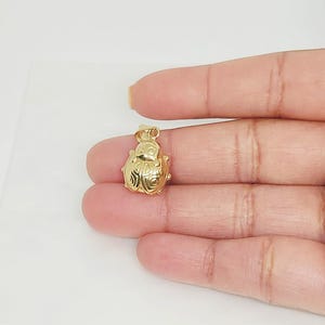 K&ouml;nnte beinhalten: Ein kleiner, polierter goldfarbener Anh&auml;nger in Form eines Marienk&auml;fers. Das Schmuckst&uuml;ck hat einen abgerundeten K&ouml;rper mit eingravierten Kreis- und Linienmustern auf den Fl&uuml;geln, einen glatten Kopfbereich und eine kleine &Ouml;se zur Befestigung.
