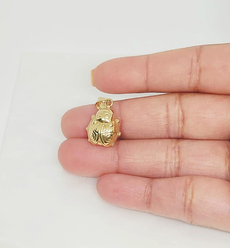 K&ouml;nnte beinhalten: Ein kleiner, polierter goldfarbener Anh&auml;nger in Form eines Marienk&auml;fers. Das Schmuckst&uuml;ck hat einen abgerundeten K&ouml;rper mit eingravierten Kreis- und Linienmustern auf den Fl&uuml;geln, einen glatten Kopfbereich und eine kleine &Ouml;se zur Befestigung.