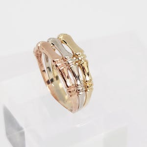 10K Tri-Gold Vintage Ring, Gold Bamboo-like Ring, Gold Skeletal Pattern Ring, Gold Statement Band, Anniversary Gift, Unisex Ring, Size 7 1/4