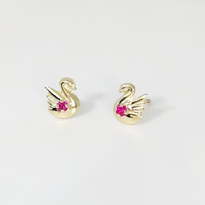 10K Yellow Gold Tiny Swan Earrings, Gold Bird Earrings, Gold Birthstone Earrings, Gold July Studs, Gold March Studs, Gold September Studs
