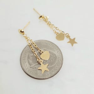 10K Yellow Gold Hanging Earrings, Gold Star Necklace, Gold Heart Jewelry, Gold Butterfly Chain, Multi-Strand Necklace, Anniversary Gift, 17" image 8