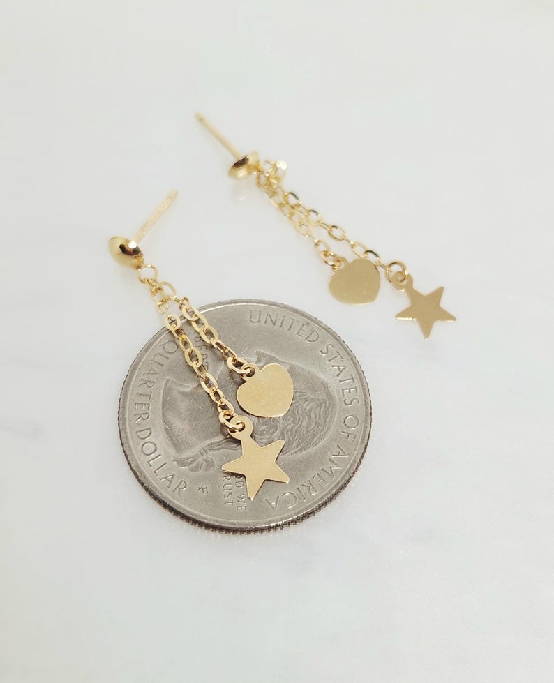 10K Yellow Gold Hanging Earrings, Gold Star Necklace, Gold Heart Jewelry, Gold Butterfly Chain, Multi-Strand Necklace, Anniversary Gift, 17" image 8