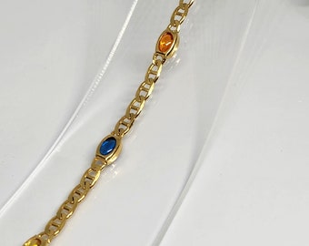 10K Genuine Gold Mariner Link Anklet, Opal Stone Anklet, Colored Stone Anklet, Birthday Gift, Gift for Her, Solid Gold Anklet